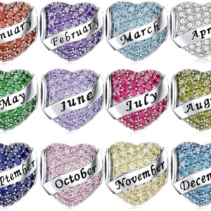 Women Real 12 Months Birthstone Heart Charm 925 Sterling Silver Bracelet Charm