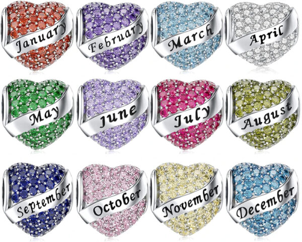 Women Real 12 Months Birthstone Heart Charm 925 Sterling Silver Bracelet Charm
