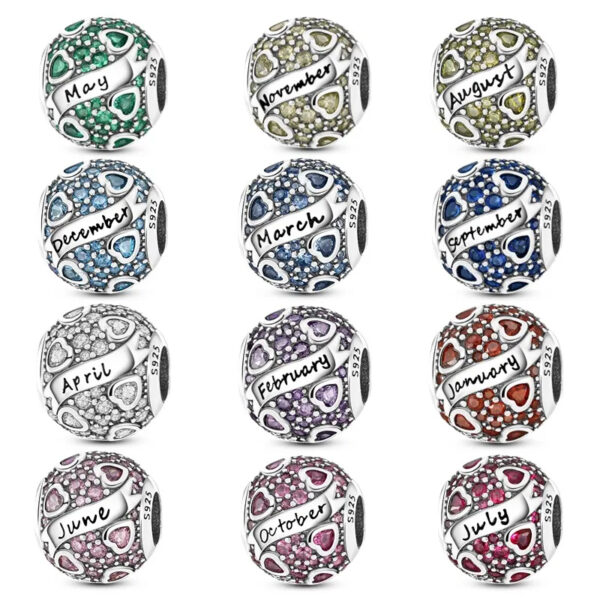 Women Real 12 Months Birthstone Heart Charm 925 Sterling Silver Bracelet Charm