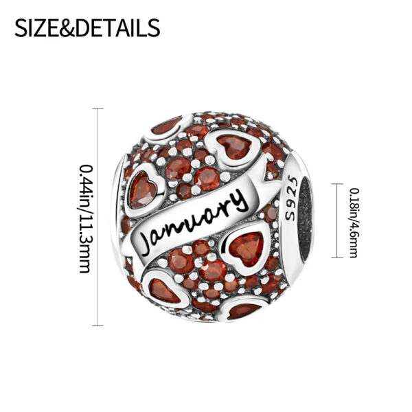 Women Real 12 Months Birthstone Heart Charm 925 Sterling Silver Bracelet Charm - Image 4