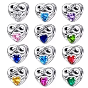 Women Real 12 Months Birthstone Heart Charm 925 Sterling Silver Bracelet Charm