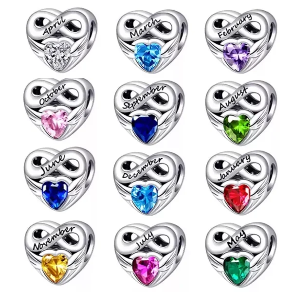 Women Real 12 Months Birthstone Heart Charm 925 Sterling Silver Bracelet Charm